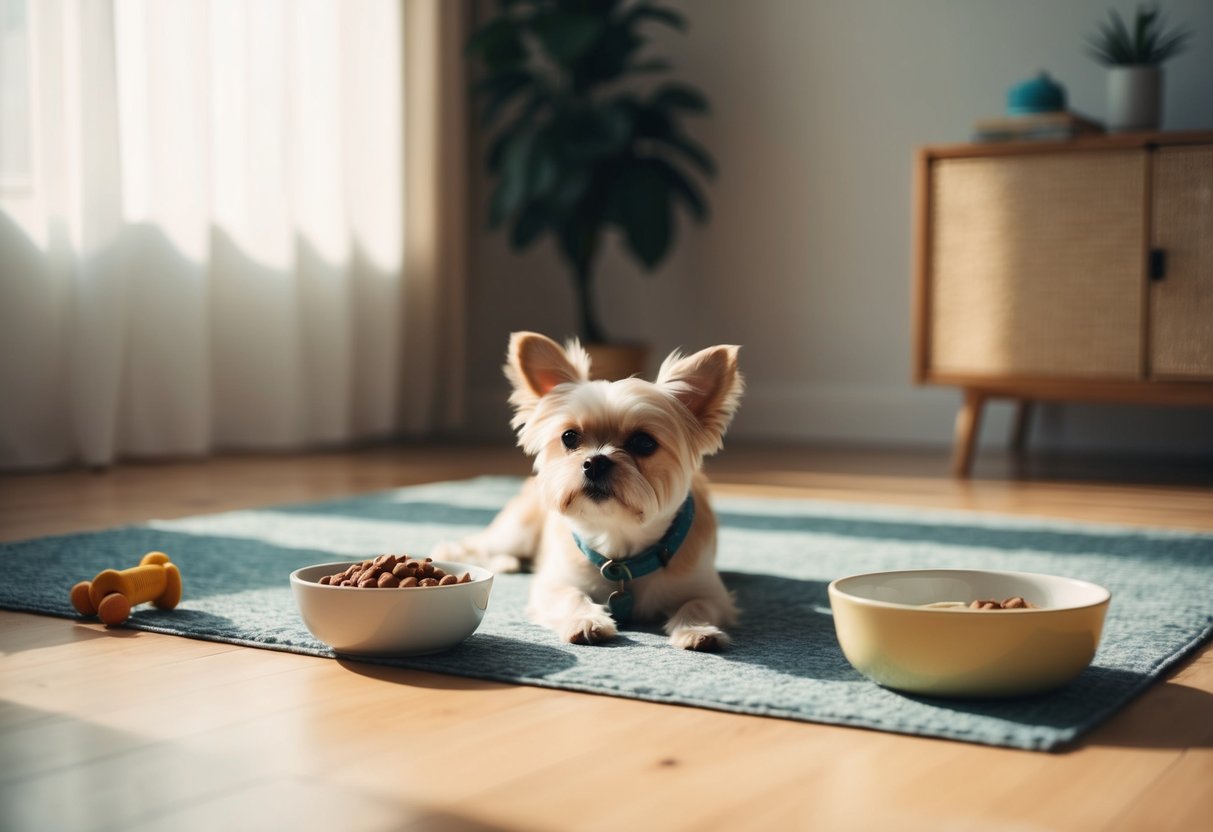 A small, contented dog lounging in a sunlit room with a bowl of food and water nearby, a few toys scattered across the floor