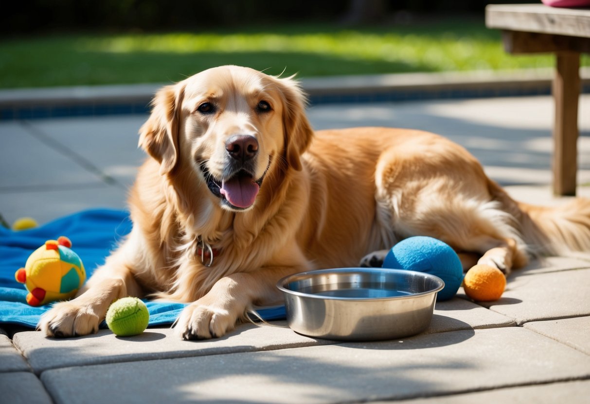 A golden retriever lounges in a sunlit backyard, surrounded by toys and a water bowl. Its relaxed expression and loose posture exude a laid-back demeanor