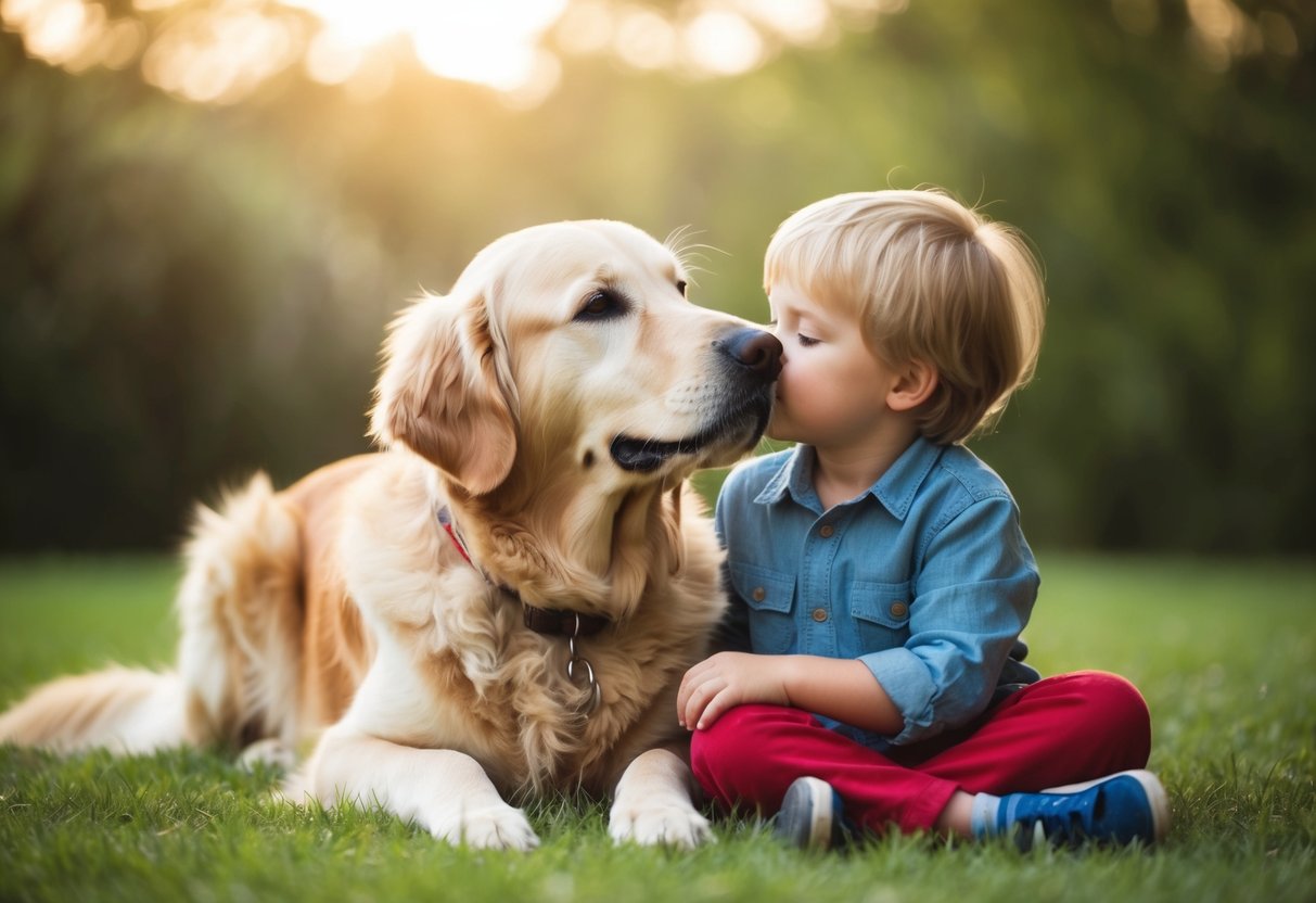 A golden retriever gently nuzzling a child, surrounded by a calm and loving atmosphere