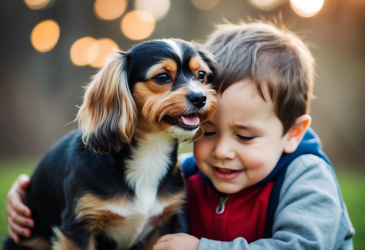 A small dog with a wagging tail, comforting a crying child