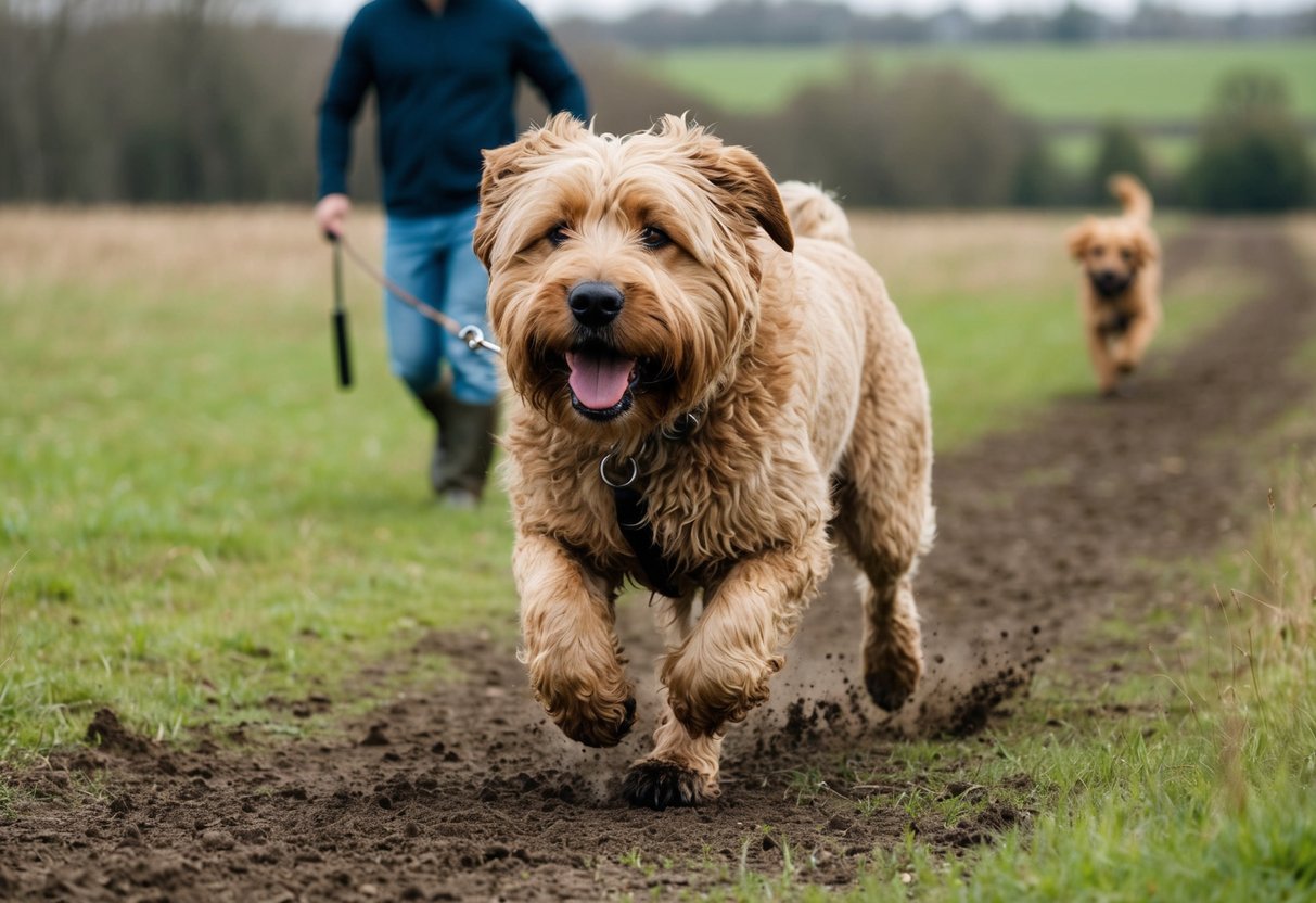 A large, energetic dog with a thick, wiry coat, running through a muddy field, dragging its owner behind on a leash