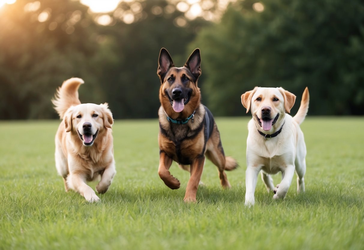 Three dogs of different breeds playing in a grassy field, a Golden Retriever, a German Shepherd, and a Labrador Retriever