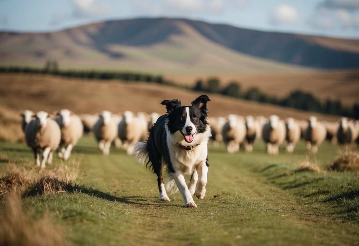 A mischievous border collie herding sheep in a sprawling, rugged countryside