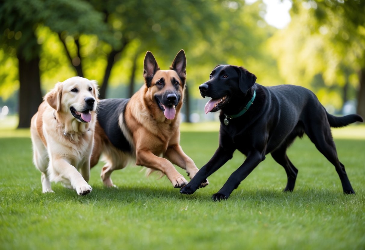 A golden retriever, a German shepherd, and a Labrador retriever playing together in a lush green park