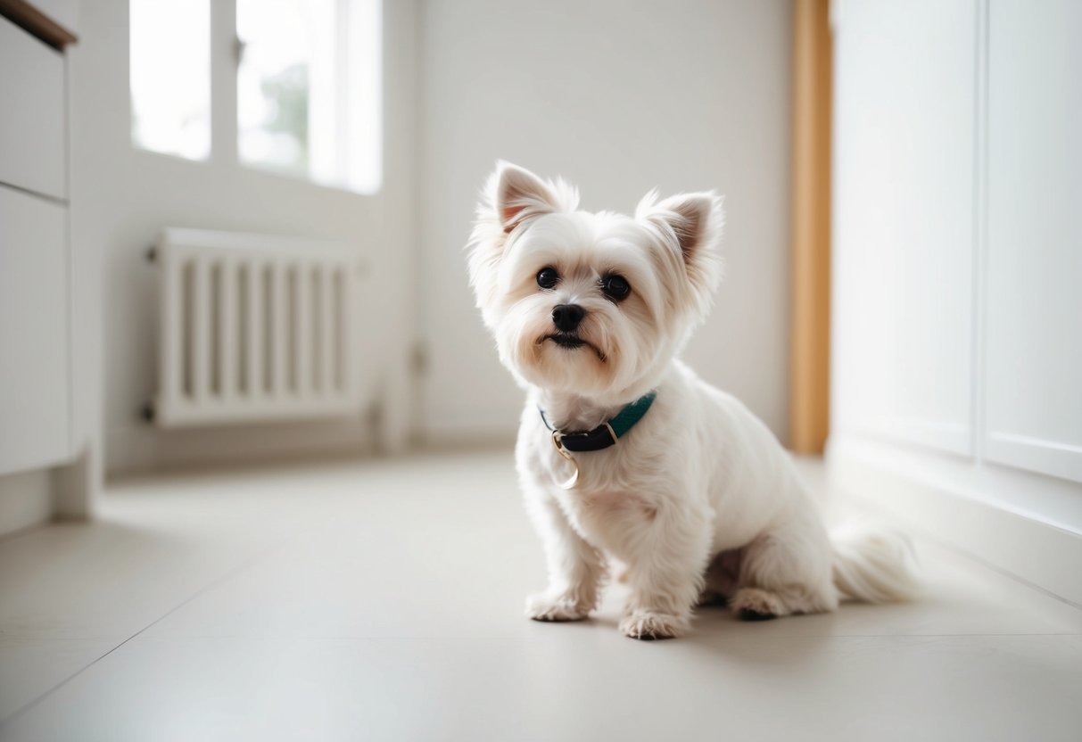A small, fluffy white dog sitting in a clean, well-ventilated room