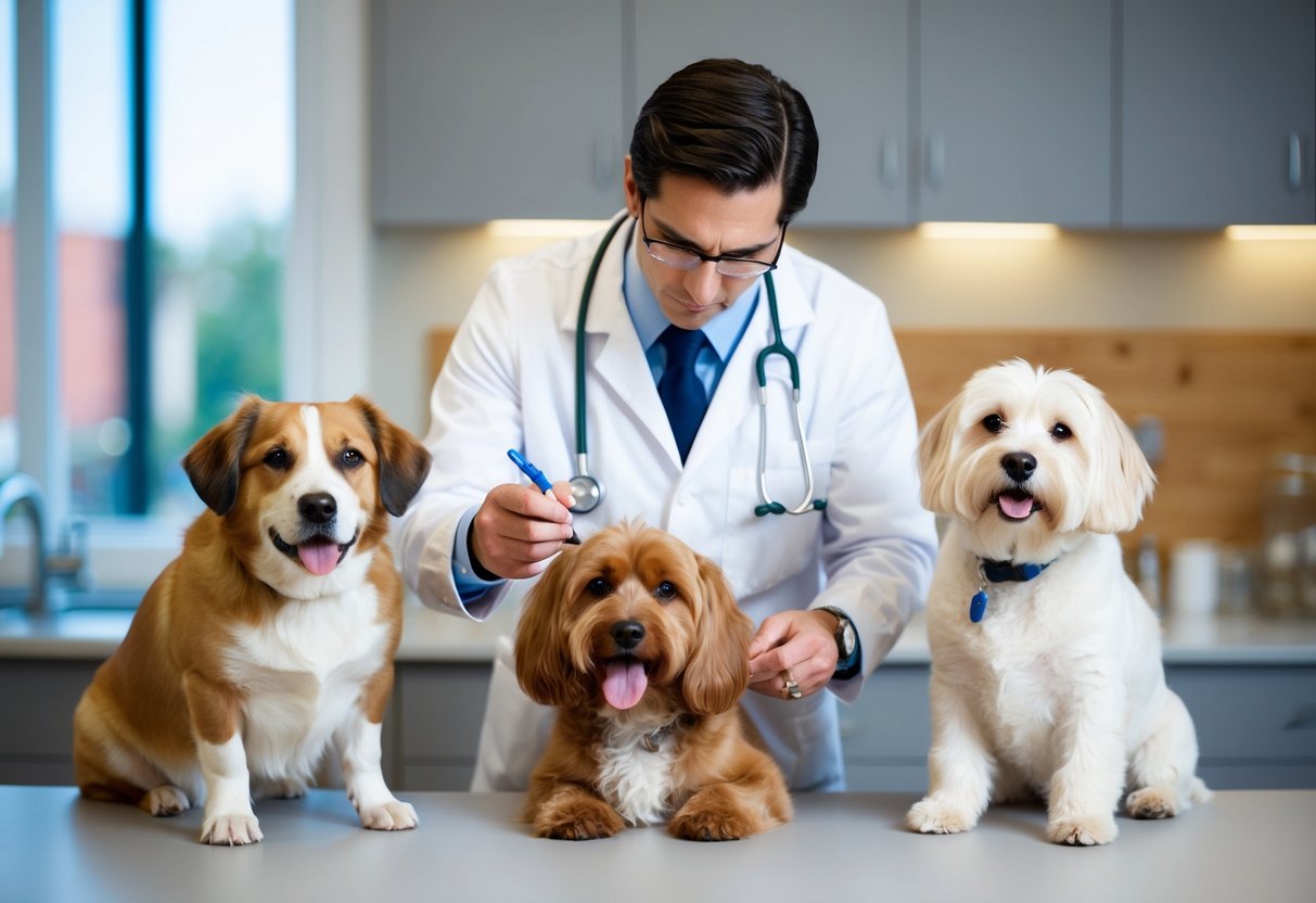 A veterinarian examining three different dog breeds for health and care considerations