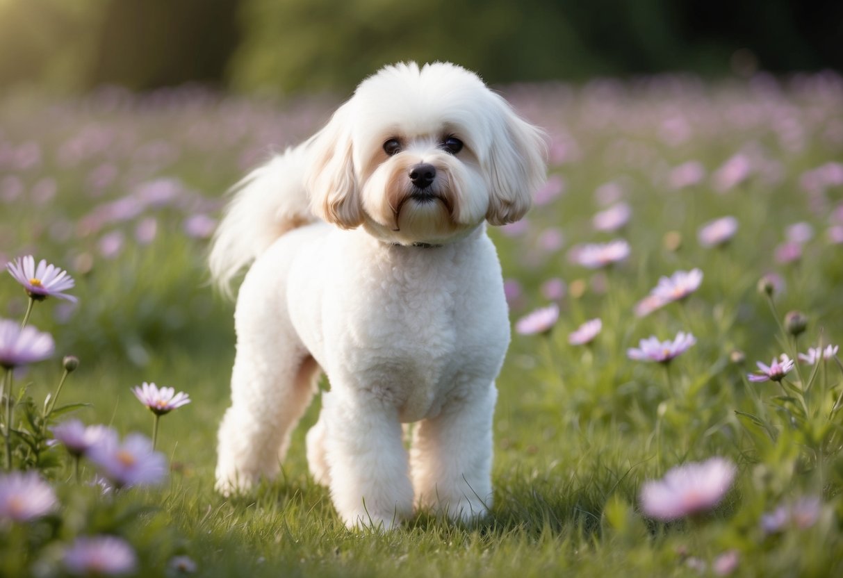 A clean, fluffy Bichon Frise stands in a field of flowers, its coat emitting a faint, pleasant scent
