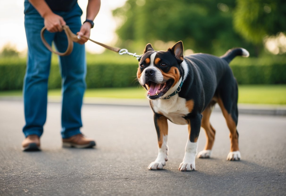 A stubborn dog ignoring commands, pulling on a leash, and displaying signs of frustration during training