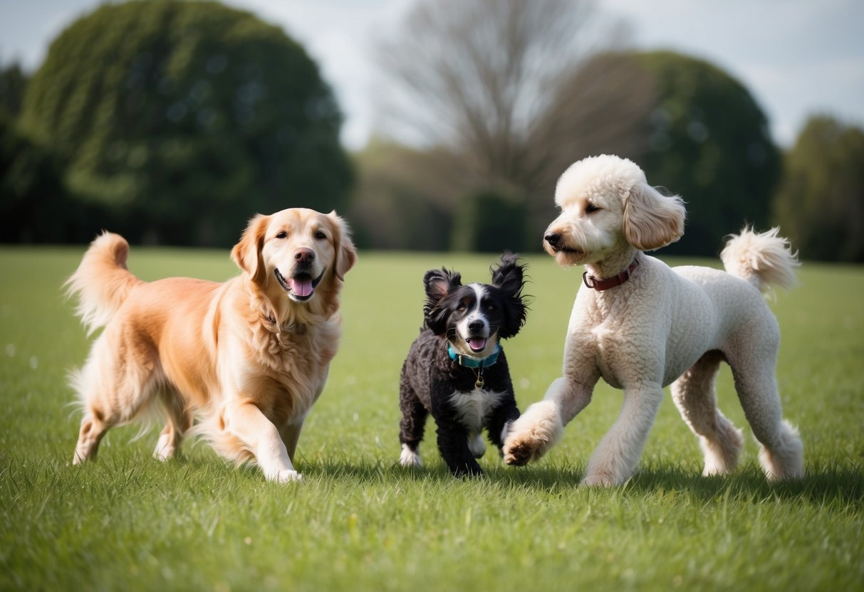 A golden retriever, a border collie, and a poodle play in a grassy field, showcasing their unique characteristics and personalities