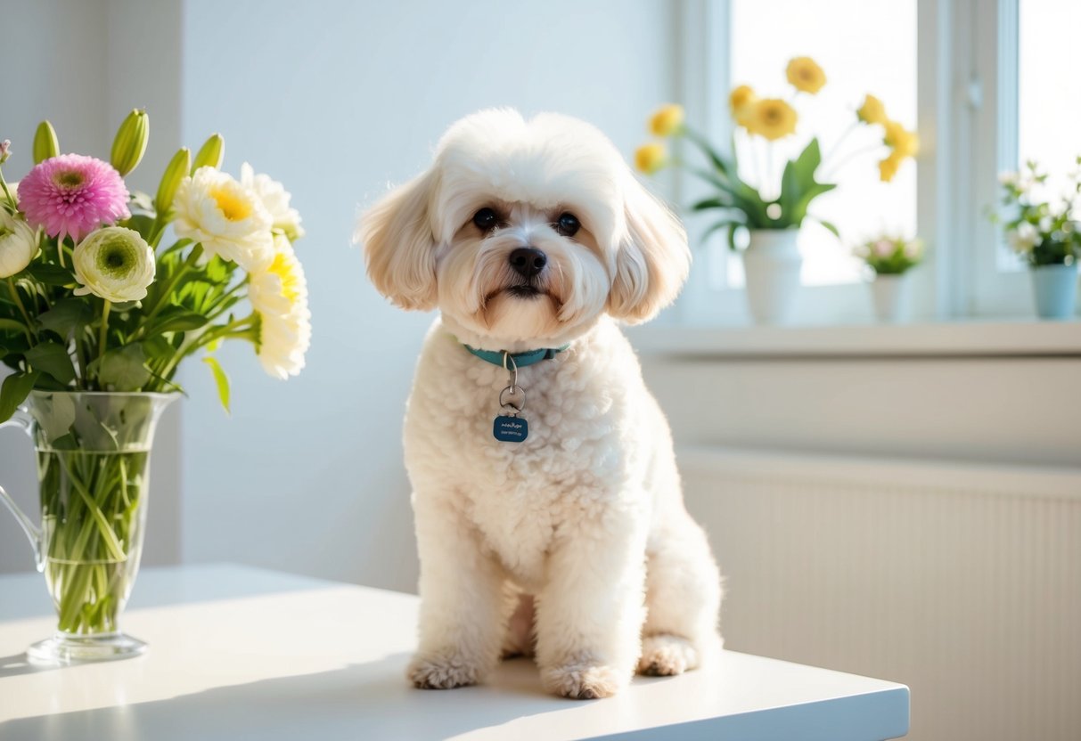 A clean, fluffy Bichon Frise dog sits next to a vase of fresh flowers in a bright, airy room