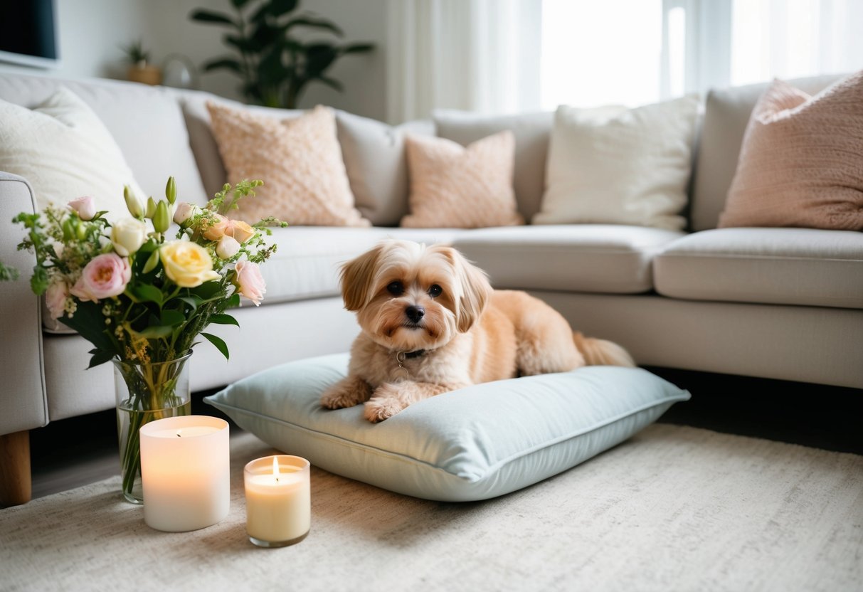 A clean, cozy living room with a small, fluffy dog lounging on a soft pillow, surrounded by fresh flowers and a lightly scented candle