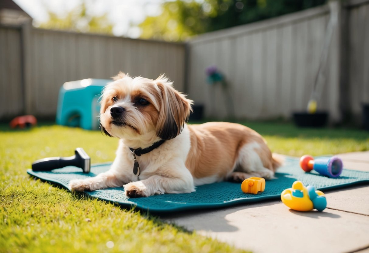 A small, contented dog lounges in a sunlit backyard, surrounded by minimal grooming tools and toys