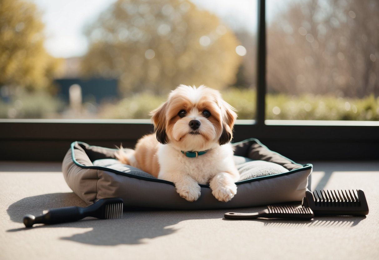 A small, fluffy dog lounging in a sunny spot, surrounded by minimal grooming tools and easy-to-clean bedding