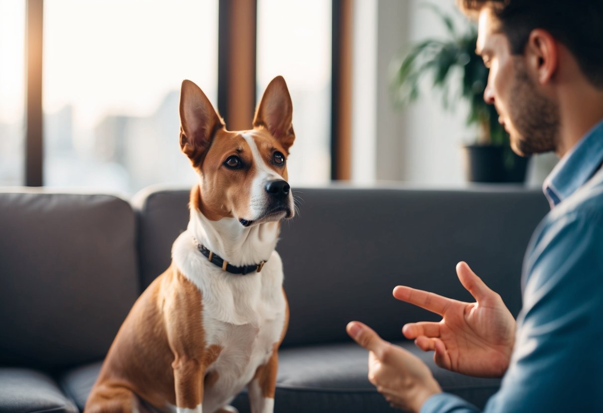 A dog sitting with ears perked up, looking at a person with a calm expression, while the person gestures and speaks softly