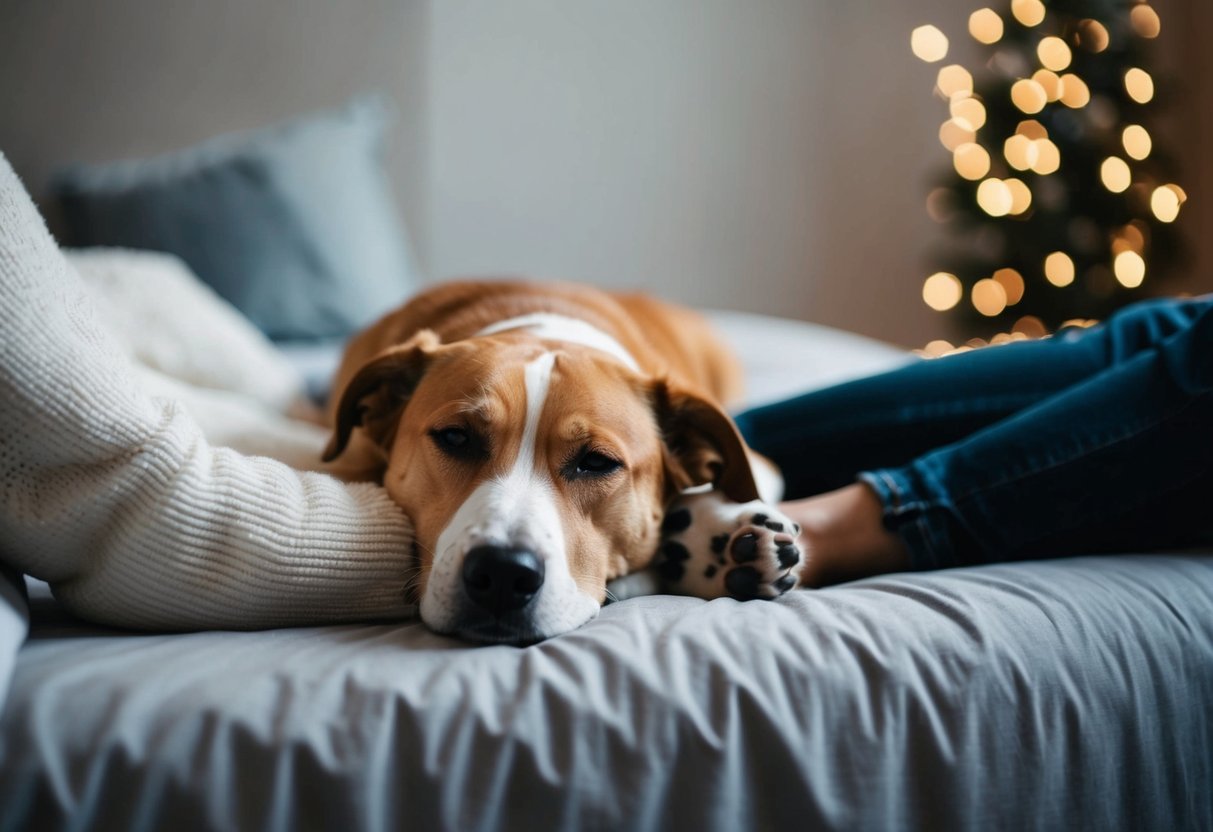 A dog curls up on a bed next to a person, resting its head on the person's leg, looking content and relaxed