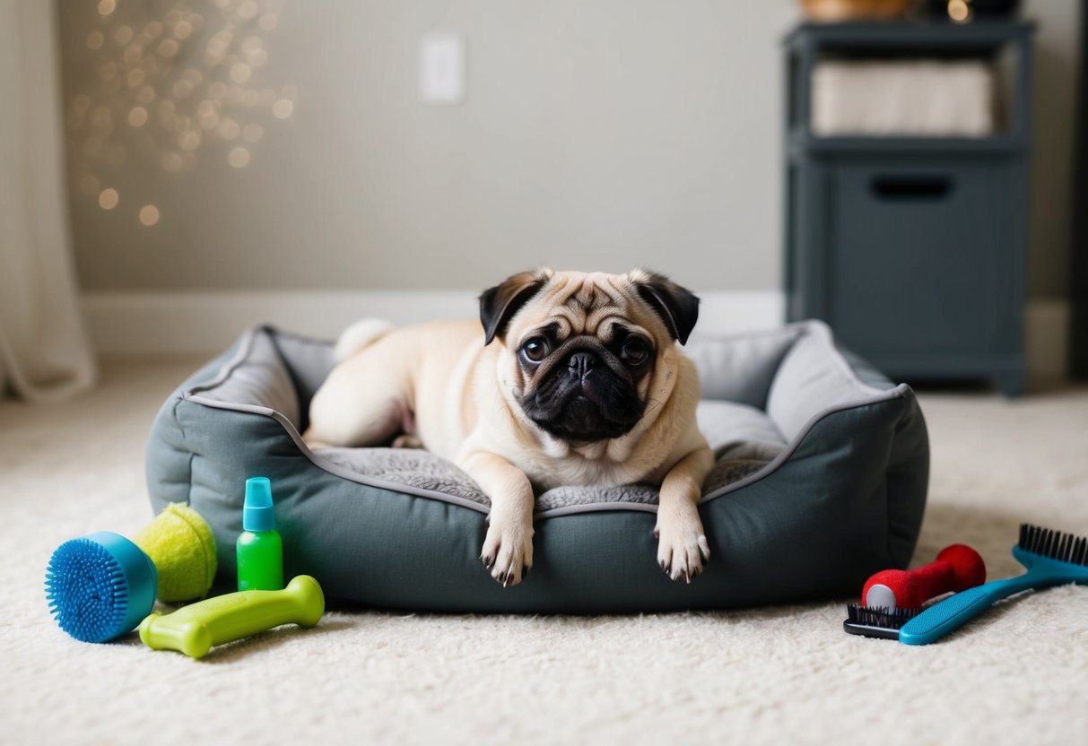 A small, content-looking pug lounging on a plush dog bed, surrounded by minimal grooming supplies and a few toys
