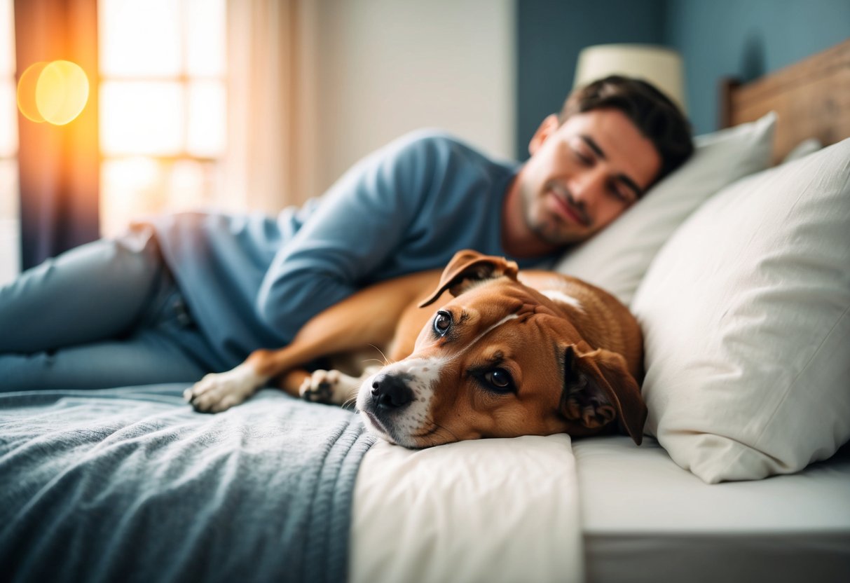 A dog curled up next to a person in bed, looking content and relaxed