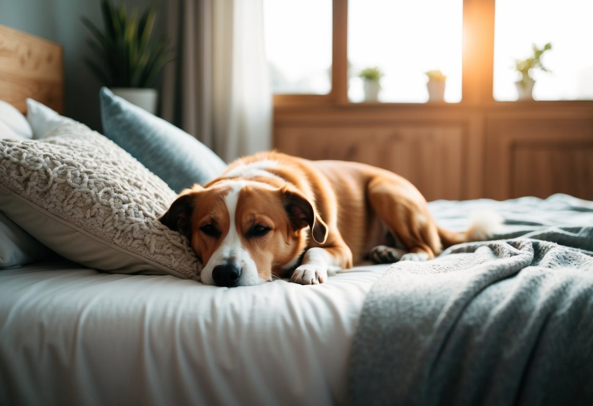 A dog lies on a cozy bed next to its owner, seeking comfort and companionship