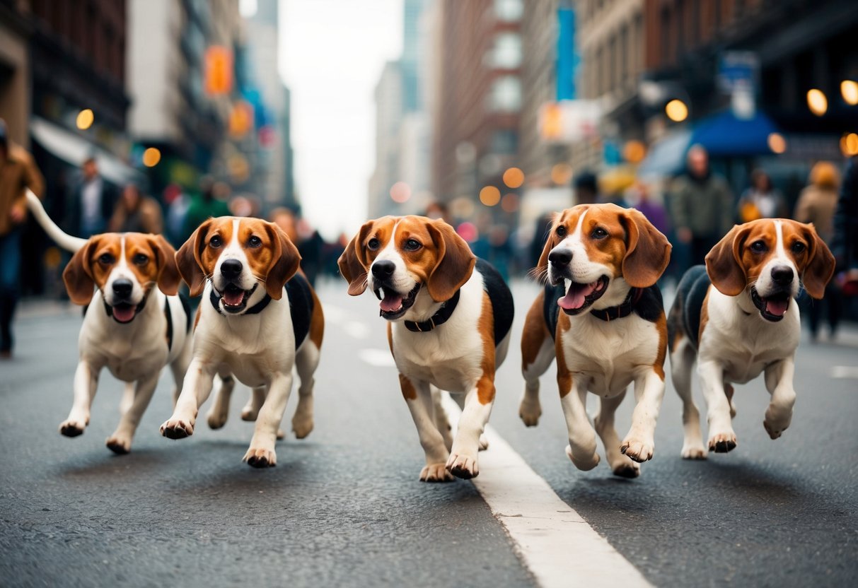 A pack of barking beagles chase each other through a bustling city street, their howls echoing off the surrounding buildings