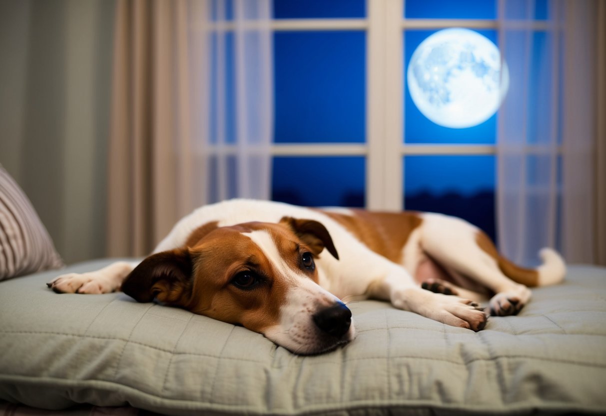 A dog lying on a cozy bed with a moonlit window in the background