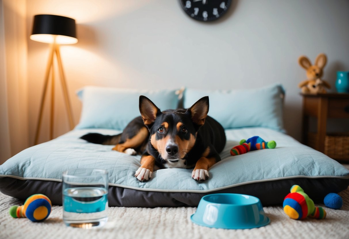 A dog lying on a cozy bed, surrounded by toys and a water bowl, as the clock reads 9:00 pm
