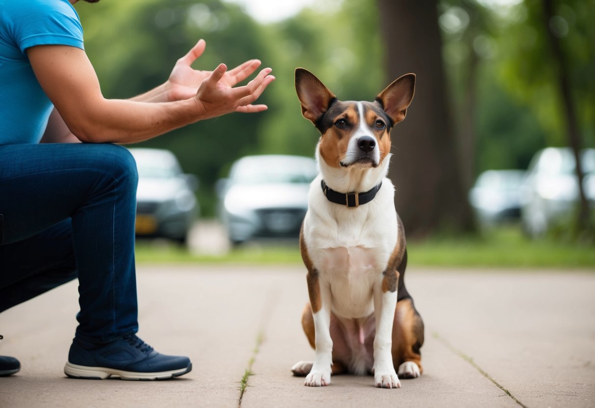 A dog sitting quietly with attentive ears and a focused expression while its owner uses hand gestures and positive reinforcement