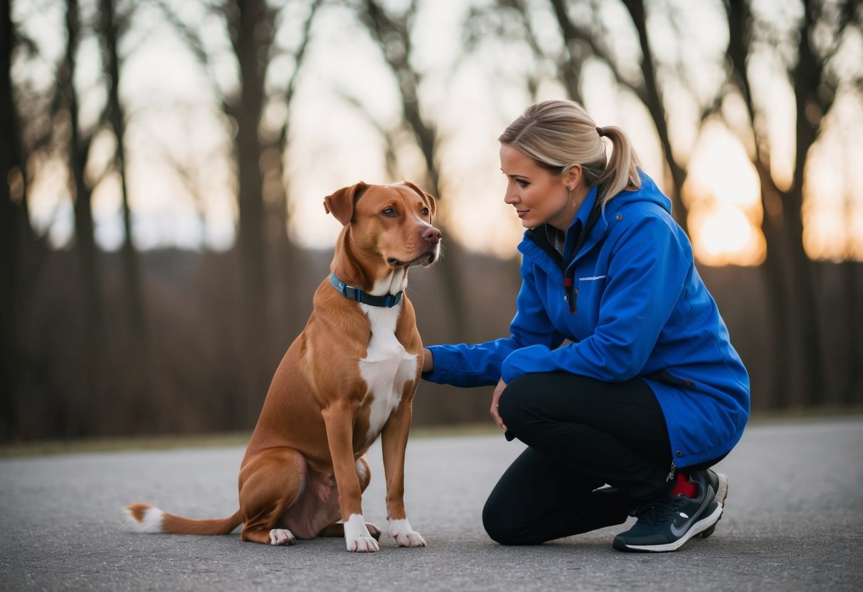 A dog sitting quietly with focused attention on its trainer