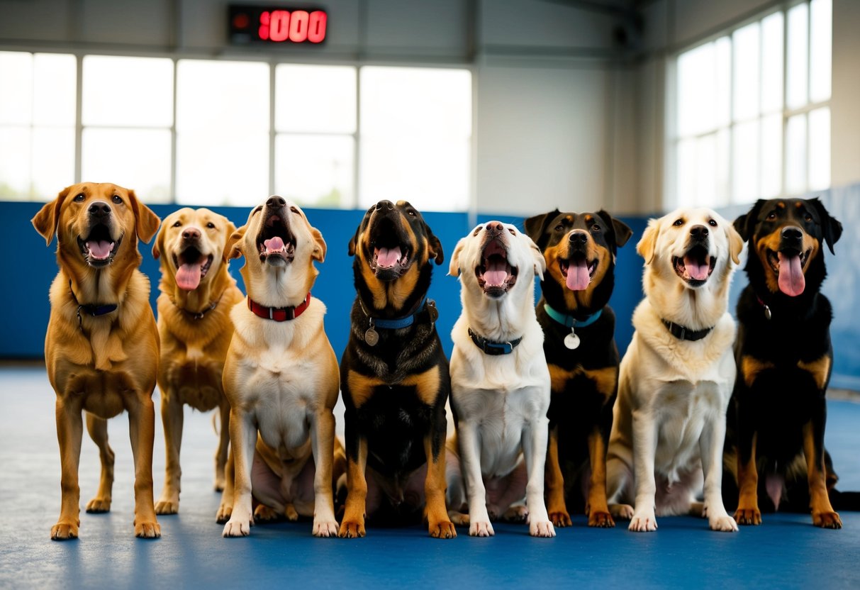 A pack of various dog breeds barking loudly in a training facility, with a noise meter showing the highest decibel level