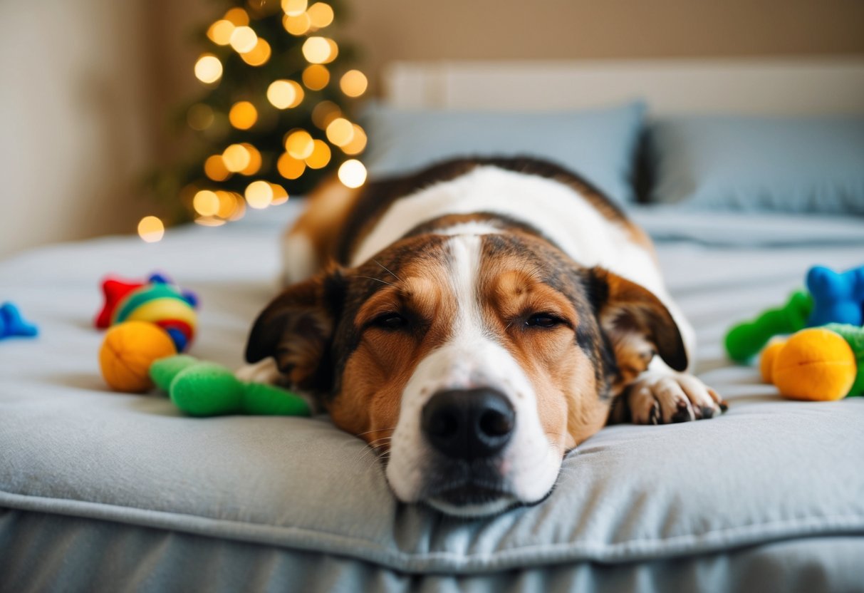A dog peacefully lying down in a cozy bed, surrounded by familiar toys and a consistent bedtime routine