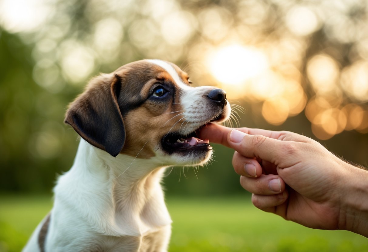 A puppy biting a finger, with the finger pulled back and the puppy looking up questioningly