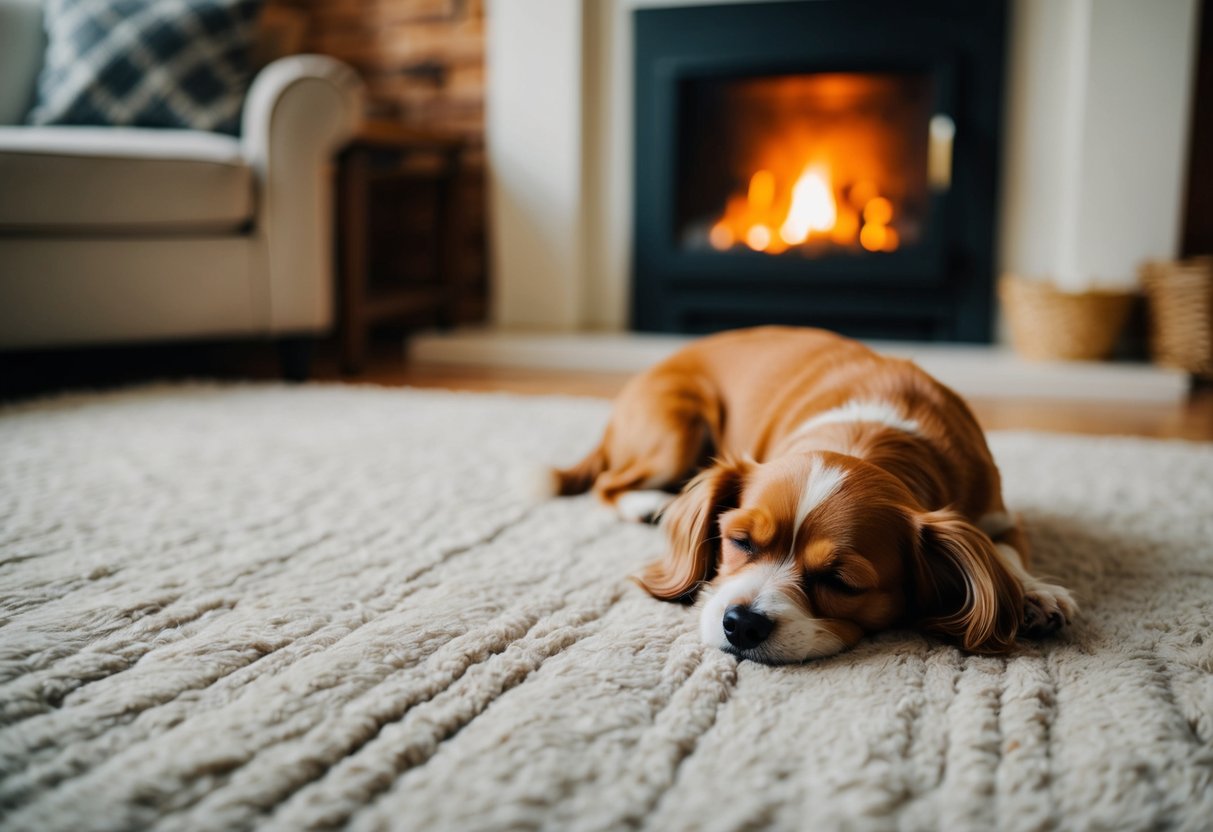 A peaceful, cozy living room with a small, calm dog sleeping by the fireplace
