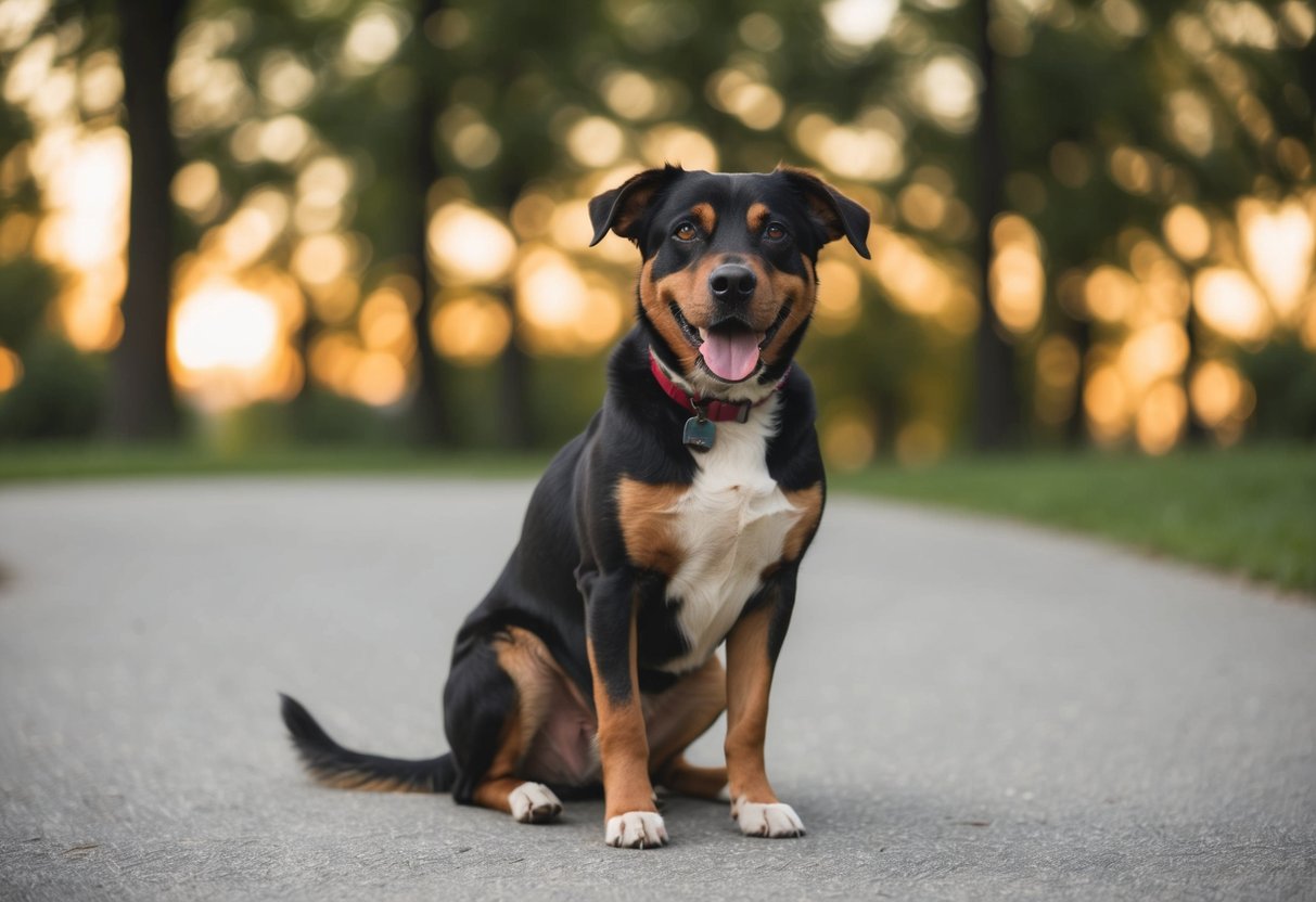 A 3-year-old dog sitting calmly with a relaxed posture and content expression