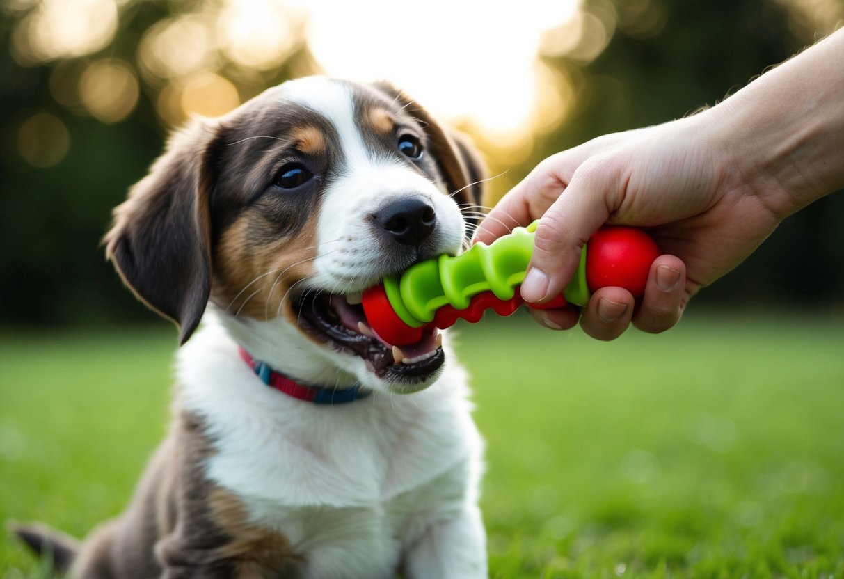 A puppy biting a toy, while a hand gently redirects its attention to a chew toy