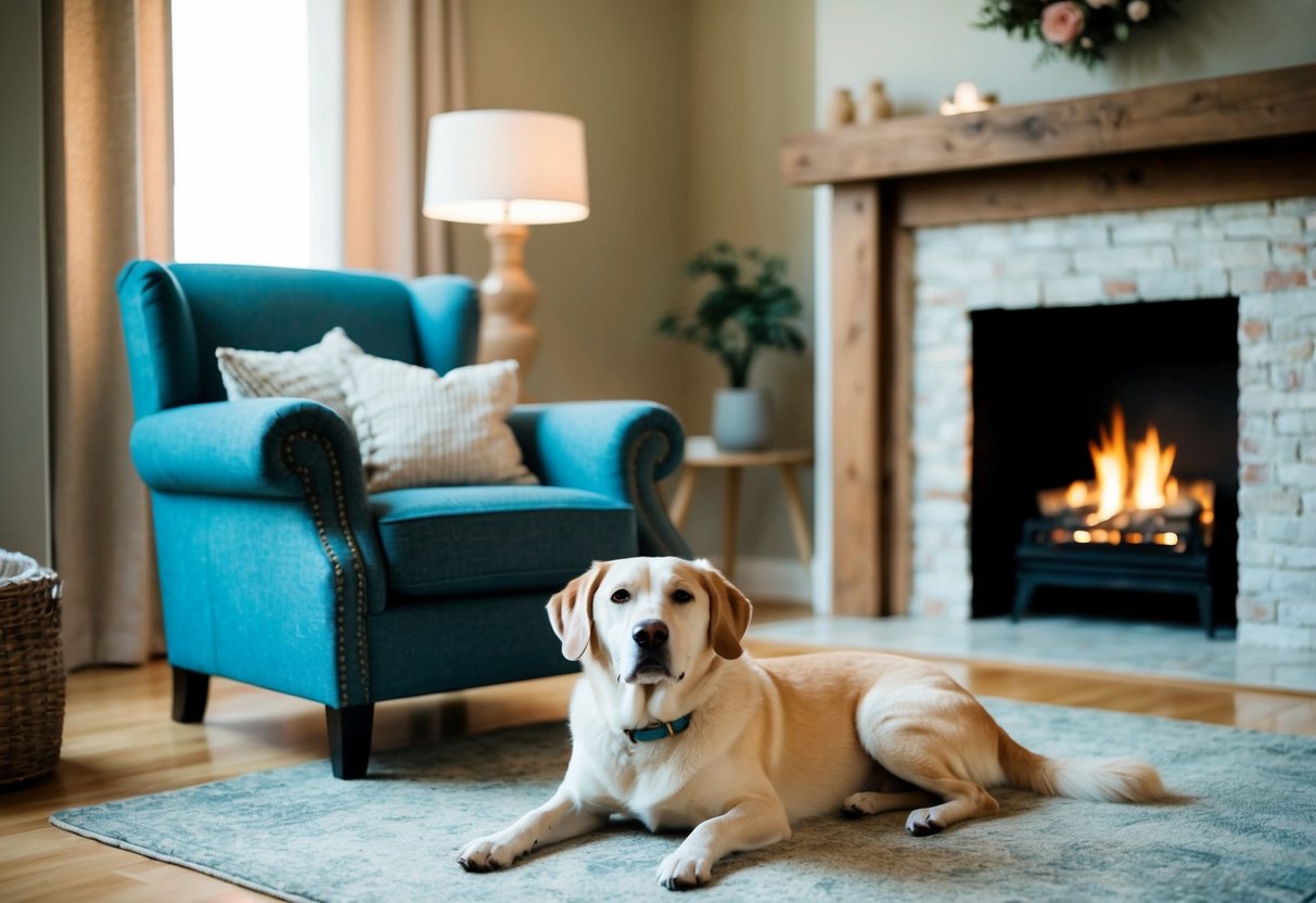 A peaceful living room with a cozy armchair and a serene dog lying next to a crackling fireplace