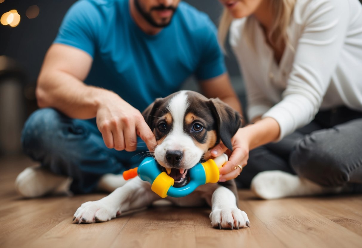 A puppy biting a chew toy, with a tap on the nose avoided by the owner