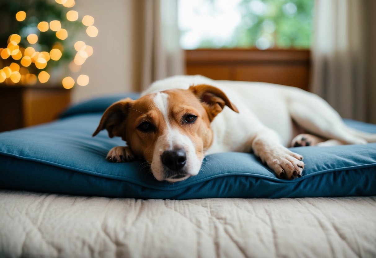A 3-year-old dog lying peacefully on a cozy bed, with a serene expression and relaxed body language