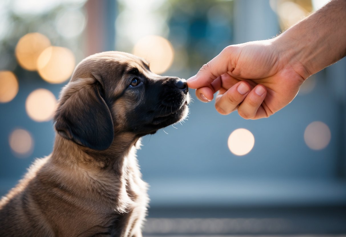 A puppy being tapped on the nose by a hand