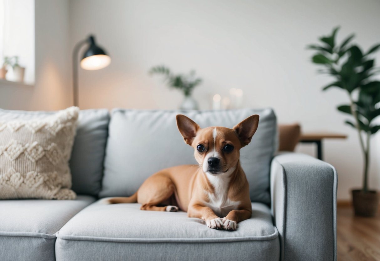 A small, calm dog lounges on a cozy couch in a peaceful apartment setting, surrounded by minimalistic decor and soft natural lighting