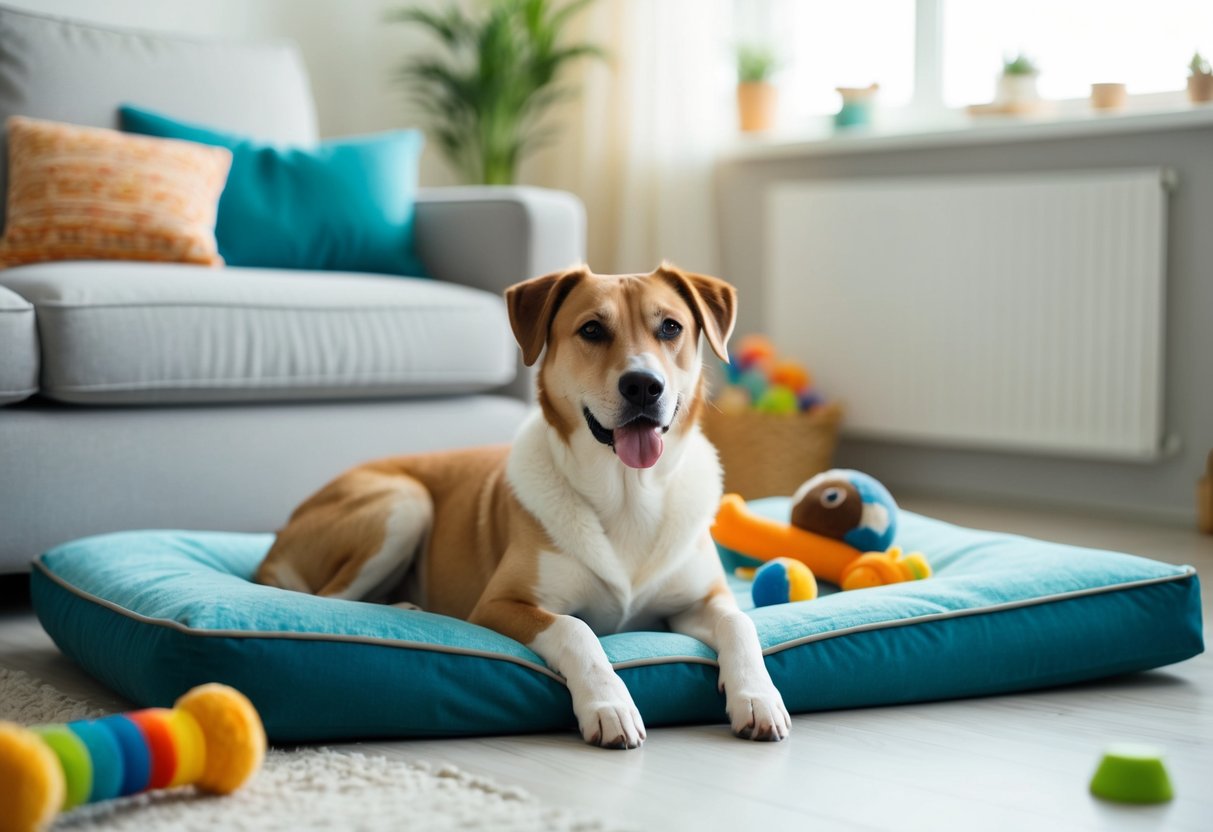 A serene, neutered dog lounging contentedly in a peaceful, clutter-free home environment, with toys and a comfortable bed nearby