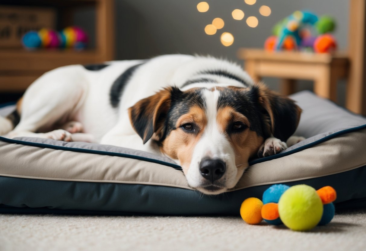 A calm, contented 3-year-old dog resting peacefully with a serene expression on its face, surrounded by toys and a comfortable bed