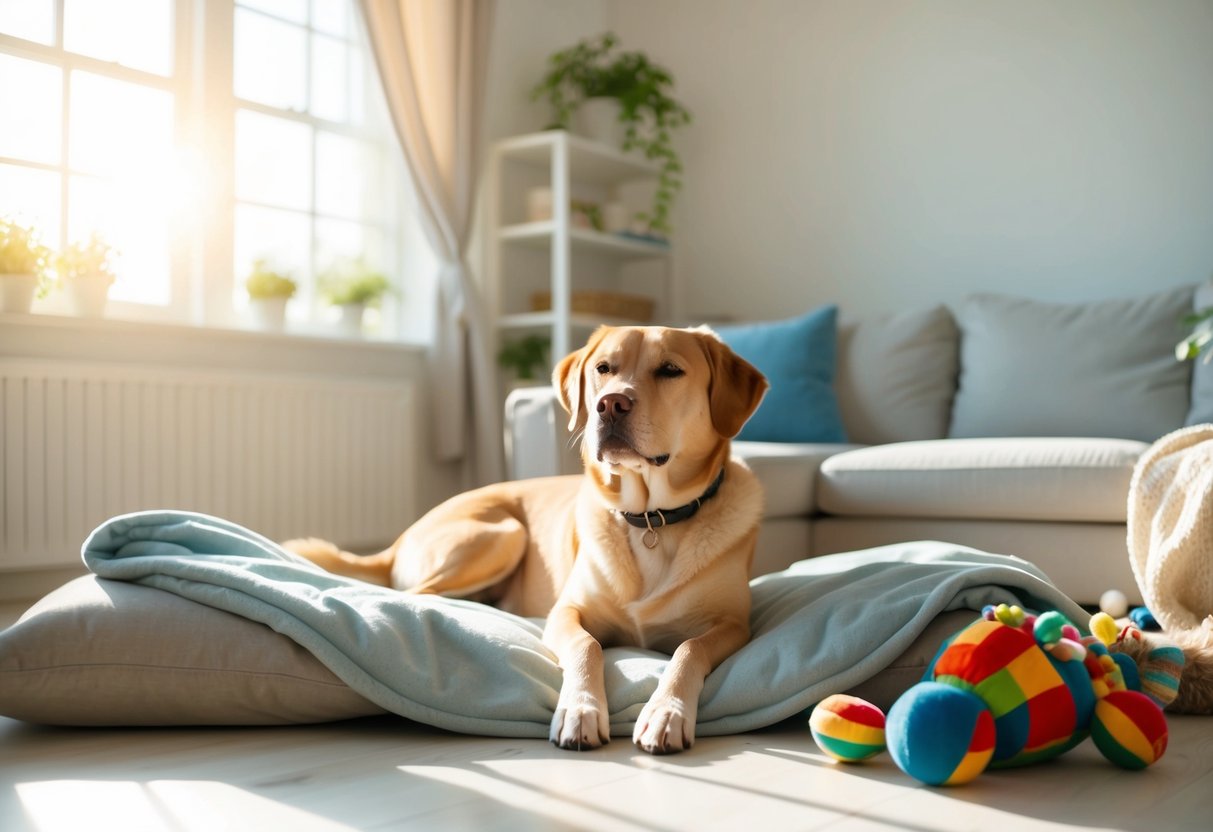 A serene, contented dog lounging in a peaceful, tidy living room, surrounded by soft blankets and toys, basking in the sunlight streaming through the window