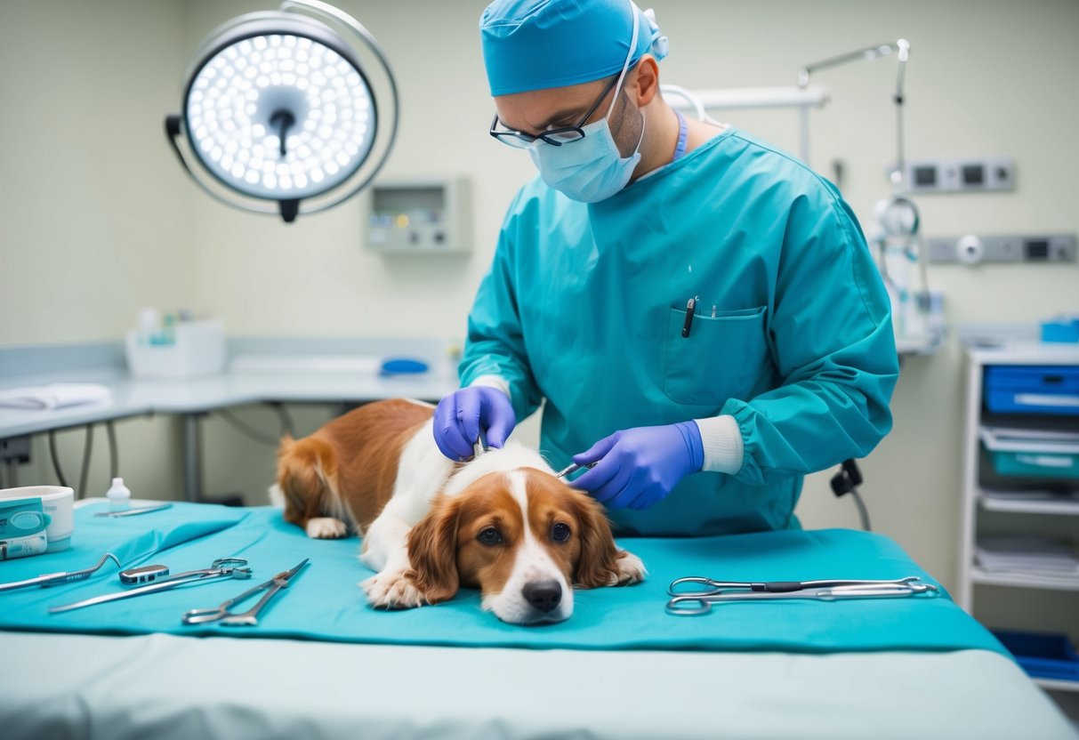 A veterinarian performing a dog neuter surgery in a clean and well-lit operating room, with medical equipment and instruments laid out on a sterile table