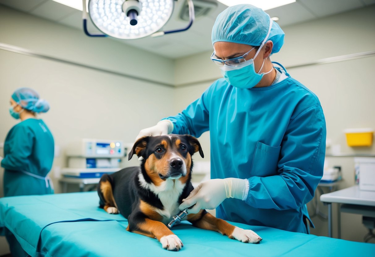 A veterinarian performing a neutering procedure on a dog in a sterile operating room