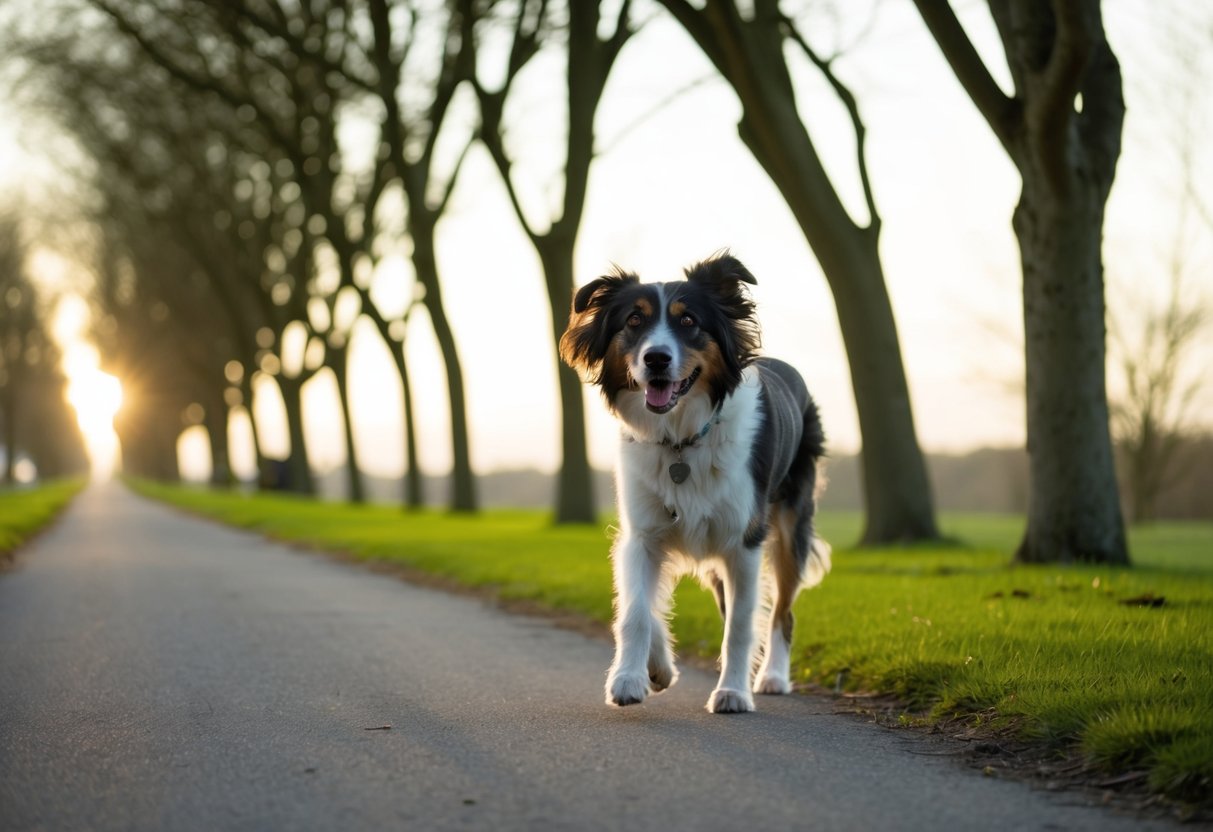 A 14-year-old dog walks slowly along a tree-lined path, with a gentle breeze ruffling its fur. The sun is low in the sky, casting a warm glow over the peaceful scene