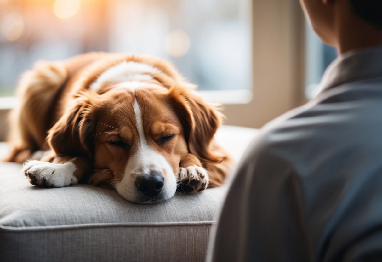 A dog sleeping with its back turned, facing a human