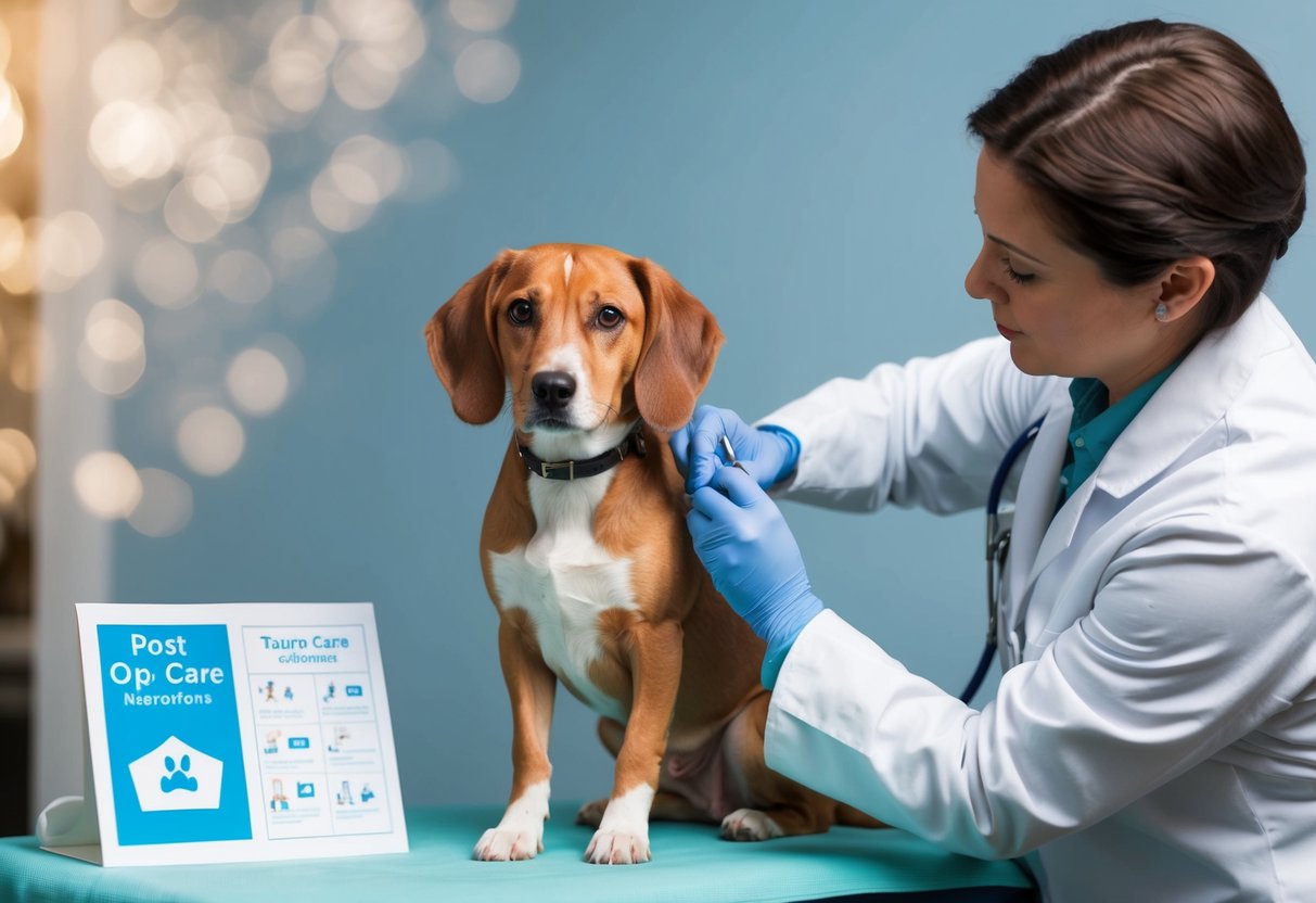 A veterinarian performing a neutering procedure on a dog, with post-op care instructions displayed nearby