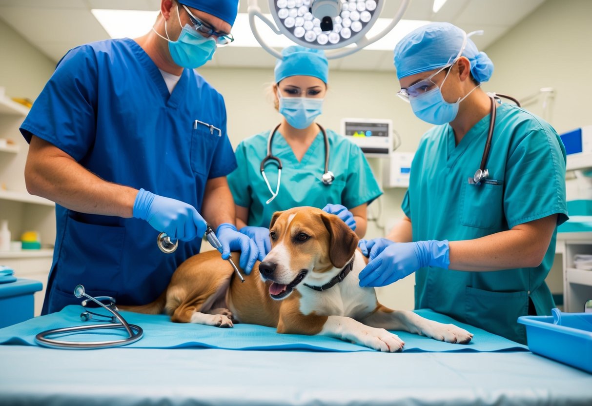 A veterinarian performing a dog neutering surgery in a clean and well-equipped clinic setting, with the dog under anesthesia and a surgical team assisting