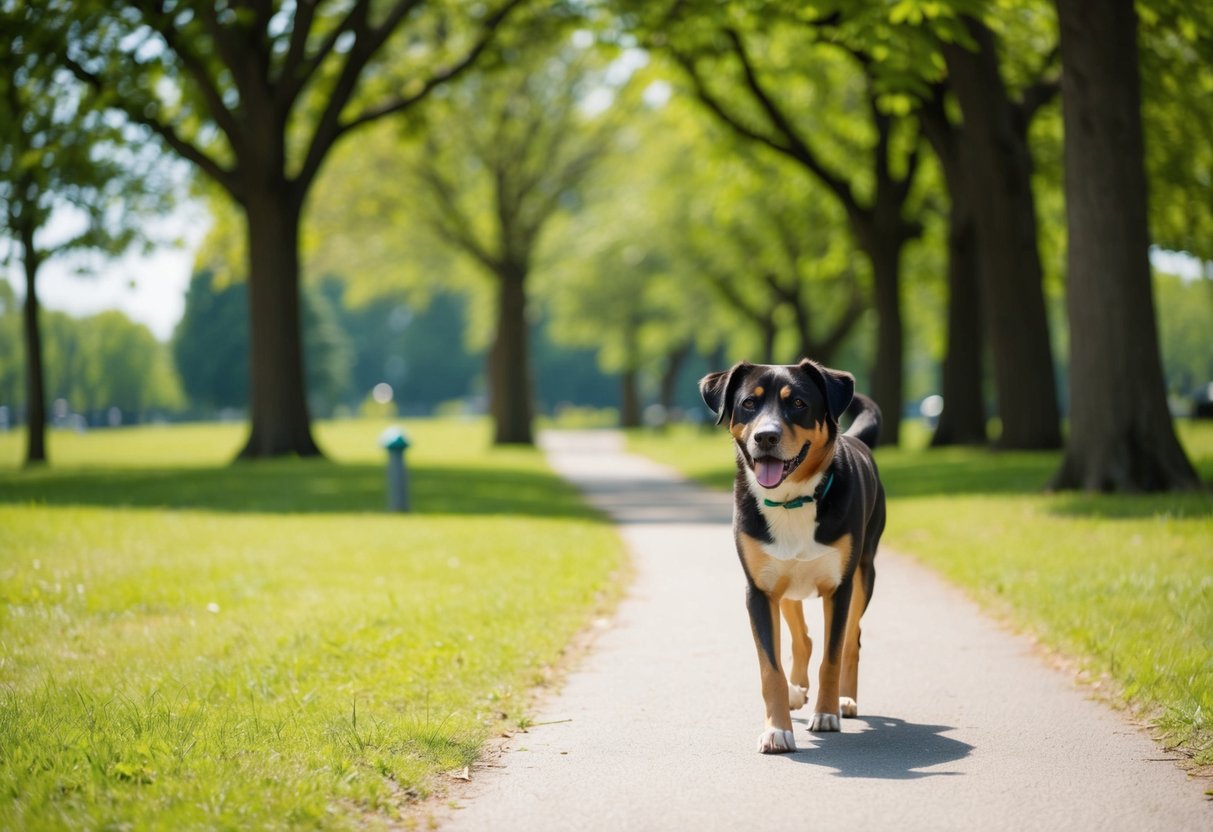 A 14-year-old dog walks along a peaceful path in a park, surrounded by trees and greenery. The sun is shining, and the dog looks content as it strolls at a leisurely pace