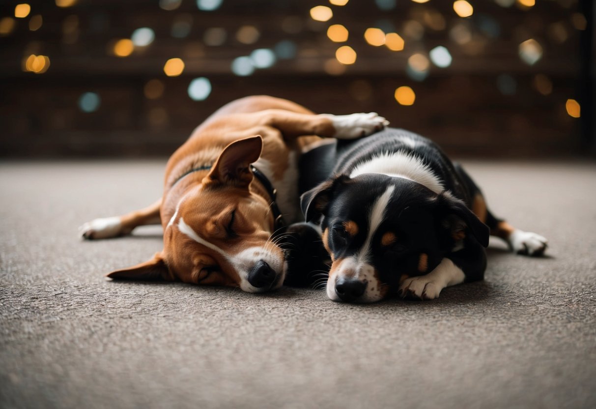 A dog sleeping with its back turned towards the viewer, while another dog curls up with its head resting on the first dog's hindquarters