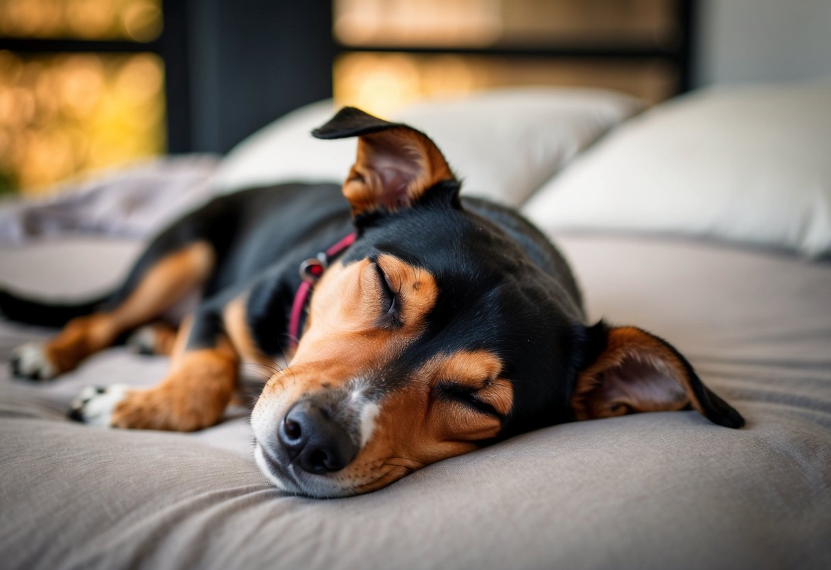 A dog sleeping with its back facing the viewer, head turned to look back, in a cozy bed or on a soft surface